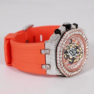 Orange Rubber Band Strap Waterproof <b>Solid</b> <b>Gold</b> Plated Lab Grown Diamond Quartz <b>Watches</b> <b>Men</b> Bling Hip Hop Fully Iced Out <b>Watches</b> - Product Image 2