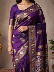 Sari en soie de style ethnique traditionnel avec tissage Zari, infroissable et à séchage rapide pour femme - Idéal pour mariage, Diwali et tenue décontractée - Product Image 2