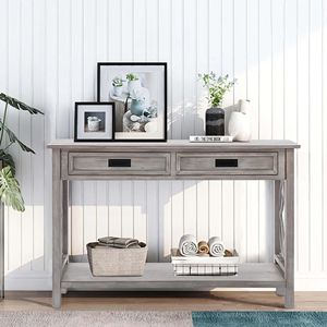 Whitewashed Wood 2-Drawer 1-Shelf <b>Console</b> <b>Table</b> and <b>Entry</b> Rustic Furniture <b>Console</b> <b>Tables</b> - Product Image 3