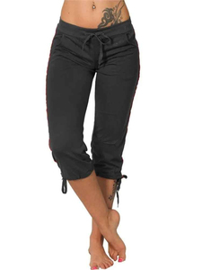 Pantalones capri de punto de color liso para mujer con cintura con cordón y rayas laterales, de tiro medio, informales, para verano - Product Image 5