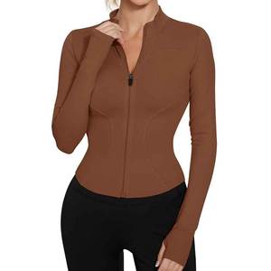 Veste de motard marron pour femme à manches longues avec fermeture éclair, tricotée, respirante, couleur unie, col montant, longueur standard, pour l'automne - Product Image 3