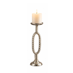 Support de bougie moderne en aluminium argenté, luxueux, sculpté, torsadé, en métal martelé, pour bougie pilier - Product Image 2