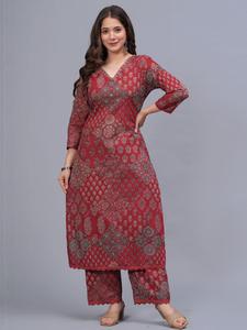 Red Digital Print Cotton Quick Dry Ethnic <b>Kurta</b> Set <b>Women</b> Regular Fit Knee-Length Casual Wear India Pakistan Style All Seasons - Product Image 4