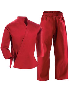 Uniforme de Kung Fu Rojo, 100% Algodón, Transpirable, Unisex, para Adultos, Ropa de Artes Marciales, Corte Regular, Conjunto de Pantalones Teñidos Lisos - Product Image 1