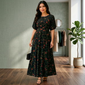 Floral Print Floor-Length Maxi <b>Dress</b> O-Neck Short Sleeve A-Line Loose Fit Boho Style Rayon Woven Eco-Friendly Breathable Casual - Product Image 4