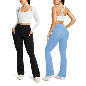 Custom High Waist Full Length Flared Leg Yoga <b>Leggings</b> With <b>Pockets</b> Solid Blue Seamless Stretch For Women - Product Image 4