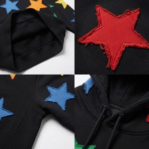 Sudadera con Capucha de Forro Polar para Hombre, Diseño Personalizado OEM ODM, con Parches de Estrellas, Color Negro, Parches Coloridos, Talla Grande, MOQ Bajo - Product Image 4