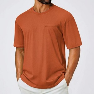 <b>Top</b> Trend Men's <b>Rust</b> Pocket T Shirt Soft Cotton Regular Fit Crew Neck Minimal Plain Casual Streetwear Summer Tee - Product Image 1