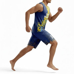 Maillot de basketball sublimé sans manches pour homme, col en V, anti-transpiration, débardeur athlétique bleu et jaune, motif peint à la main - Product Image 4