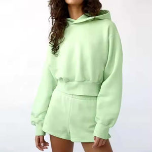 Conjunto Deportivo de Dos Piezas para Mujer con Logotipo Personalizado, Sudadera Corta y Pantalones Cortos, Alta Calidad, Sólido, Impermeable, Transpirable, 100% Algodón, Verano - Product Image 1