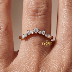 Women's <b>Dainty</b> Silver Plated Curved Lab Grown Diamond Prong Setting Crown Wedding Band Stackable Chevron Trendy Engagement <b>Ring</b> - Product Image 5