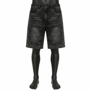 Pantalones Cortos de Mezclilla Holgados para Hombre, Estampado Tropical de Dibujos Animados, Estilo Vintage Lavado, Cintura Media con Cordón, Resistentes al Viento - Product Image 1