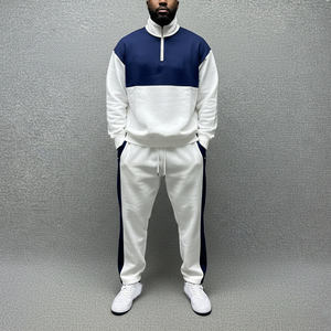 Ensemble de survêtement sportif uni pour homme, sweat-shirt à demi-zip et pantalon à cordon de serrage, tenue décontractée d'automne, séchage rapide, blanc, bleu marine, manches longues - Product Image 1