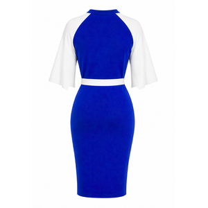 Vestido midi ajustado de mujer Zeta Phi Beta con bloques de color en contraste azul y blanco, manga tipo capa, detalle de botones y lazo en la cintura - Product Image 5