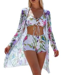 Conjunto de Bikini de 3 Piezas con Estampado Geométrico a Rayas para Mujer, Cuello en V, Pantalones Cortos Tipo Bóxer, Mangas Largas, Ecológico, de Secado Rápido, Anti-UV y Transpirable - Product Image 1