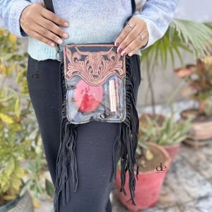 Bolso Transparente con Flecos de Cuero Tallado a Mano, Elegante Bolso para Teléfono, Bolso Pequeño, Bolso Multiusos para Mujer - Product Image 1