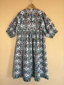 Boho Chic <b>White</b> Hand Block Floral Print Loose Cotton Midi Dress With Tie-Neck Short Sleeve Boho Casual Dress For Women - Product Image 5