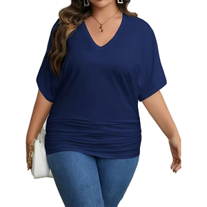 T-shirt à manches courtes et col en V pour femme, couleur bleu marine unie, grande taille, haut décontracté d'été - Product Image 4