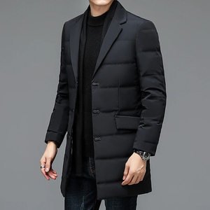 Mego Industry Men's Long Puffer Jacket Stand Collar Single Breasted Thick Quilted Coat Casual Solid Black 100% Polyester <b>Winter</b> - Product Image 4