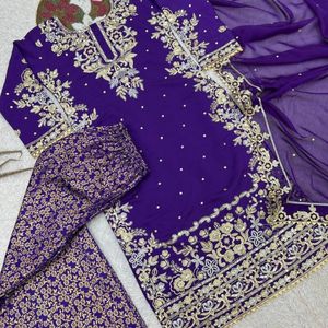 Ensemble palazzo brodé en coton romain de qualité supérieure avec palazzo en pure soie jacquard et dupatta en soie organza Kundan - Product Image 3