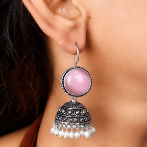 Pendientes Jhumka de Latón Rosa con Piedra Monalisa, Plata Oxidada, Perlas de Imitación Hechas a Mano, Estilo Étnico Indio Bohemia para Boda, Venta al por Mayor - Product Image 5