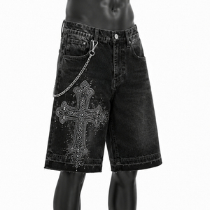 Custom Men's Solid <b>Black</b> Rhinestone Casual Denim Baggy Streetwear <b>Jeans</b> OEM ODM Wholesale Fashion <b>Shorts</b> High Quality Windproof - Product Image 2