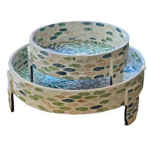 Handcrafted Set of 2 Mother of Pearl Mosaic <b>Trays</b>, Round Shell Inlay Decorative <b>Tray</b> Set, Premium Nesting Artisan <b>Trays</b> - Product Image 1
