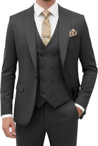 Traje Formal de Negocios para Hombre, 3 Piezas, Negro, Estilo Británico, Corte Recto, Antiarrugas, Blazer, Chaleco y Pantalones - Product Image 2