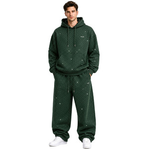 Full-Zip Men's All Over Rhinestone Tracksuit with Hooded <b>Jacket</b> and <b>Straight</b>-Leg Baggy Pants Soft Heavy Fabric Streetwear Set - Product Image 1