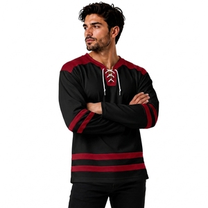 Maillot de hockey personnalisé noir et rouge à manches longues, col ras du cou à lacets, 100 % polyester, logo frontal, tenue d'équipe, haut décontracté d'entraînement - Product Image 2