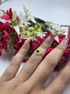 Vintage Flower Black Onyx <b>Cocktail</b> <b>Ring</b> 18K <b>Gold</b> Plated Brass Women's Statement Jewelry Party Floral Design - Product Image 1