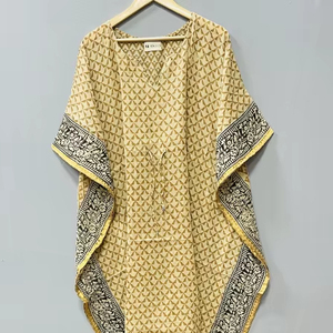 Vestido Kaftán Largo con Estampado Artesanal, Kaftán de Verano con Estampado Geométrico Bagru, Kaftán Corto de Algodón para la Playa, Vestido Midi de Algodón - Product Image 1