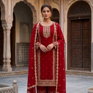 Conjunto de Traje de Georgette con Piel Sintética de Zorro de Diseño Exclusivo y Dupatta a Juego - Hermoso Atuendo Étnico para Fiestas para Mujer - Product Image 5