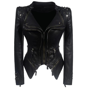Blouson moto en cuir pour femme avec rivets décoratifs, col montant, manches longues, fermeture éclair, couleur unie, style automne - Product Image 1