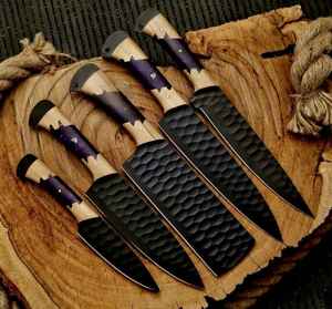 Ensemble de couteaux de cuisine en acier de haute qualité, faits à la main, avec revêtement en poudre noire, lame fixe, étui en cuir pour chef de cuisine - Product Image 4