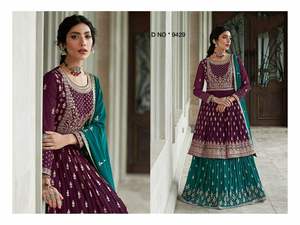 ชุดเดรสผ้าไหมด้านในผ้าทอจาก georgette ของแท้หรูหราเย็บปักด้ายหลายเส้นแบบอินเดีย - Product Image 4