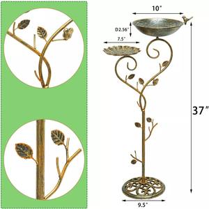 Bebedero para Pájaros de Dos Niveles con Forma de Hoja de Loto, Comedero de Metal Dorado Vintage para Jardín con Escultura de Rama de Árbol y Base Ornamentada - Product Image 2