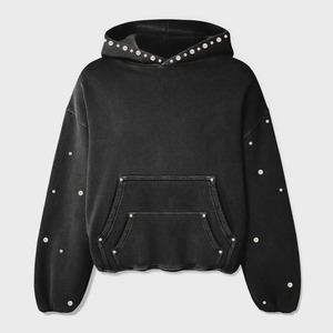 Custom Vintage Acid Wash <b>Black</b> Oversized Hoodie Rhinestone Studded Streetwear Pullover Hoodie for Men and Women - Product Image 1