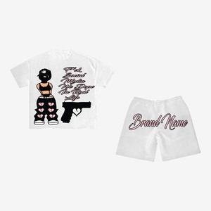 280 GSM Cotton Polyester Women T Shirt Short <b>Set</b> Black Puff Print DTG Custom Logo Streetwear 100% Cotton T shirt & Short <b>Set</b> - Product Image 4