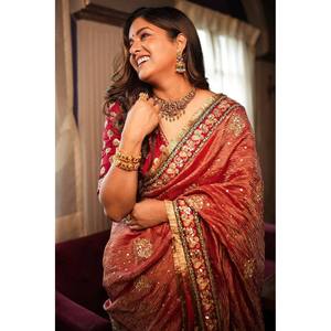 ผ้าส่าหรีผ้าไหมสำหรับงานแต่งงานด้ายจาริปักด้วยเพชร - Product Image 4