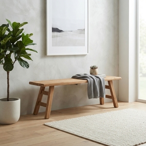 Solid Wood Long Dining <b>Bench</b> Modern Minimalist A Line Frame Leg Natural Teak Style Wooden <b>Bench</b> Entryway Home Seating Furniture - Product Image 3