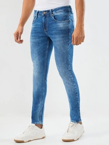Blue Washed <b>Men</b> Denim Jogger Pants Knitted Jeans Mid Rise Elastic Waist <b>Stretch</b> Casual Trousers - Product Image 3