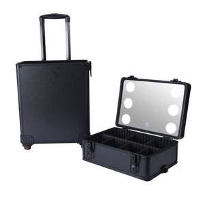 Valise de maquillage roulante 4-en-1 en aluminium interchangeable avec miroir LED noir et poignée télescopique - Product Image 5