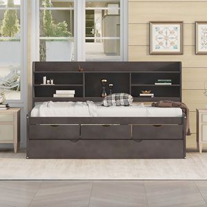 Cama individual de madera estilo capitán en gris antiguo con estanterías integradas y tres cajones de almacenamiento, incluye cama nido. - Product Image 3