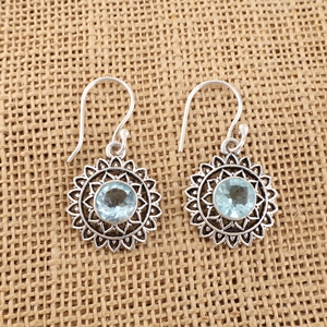 Boucles d'oreilles pendantes en argent sterling 925 avec topaze bleu ciel et laiton, serties de pierres rondes, pour femme - Product Image 1
