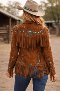 Chaleco sin mangas de cuero genuino y lona para mujer, estilo vintage, con flecos, cierre de un botón, cuello en V, cortavientos - Product Image 4
