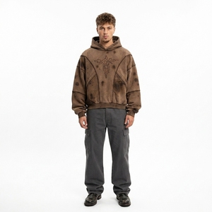 Sweat à capuche oversize vintage d'hiver doublé en maille délavée avec logo brodé en 3D sur la poitrine, style streetwear pour homme - Product Image 1