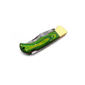 Couteau à lame fixe en acier Damas fait main avec manche en bois vert et garde doré, couteau de chasse et d'extérieur - Product Image 2