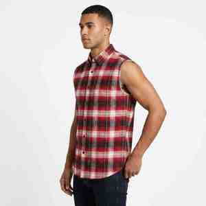Camisa de Franela a Cuadros sin Mangas para Hombre, de Algodón de Lujo, Roja, Negra y Blanca, con Cuello Abotonado, Informal, Transpirable, de 140g, Tejida - Product Image 1