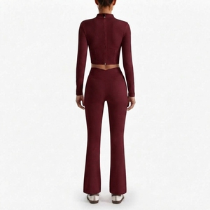 Women Sportswear Set Long Sleeve Stand Collar Crop <b>Top</b> High Waist Flared Pants Gym Yoga Training Active Clothing - Product Image 2